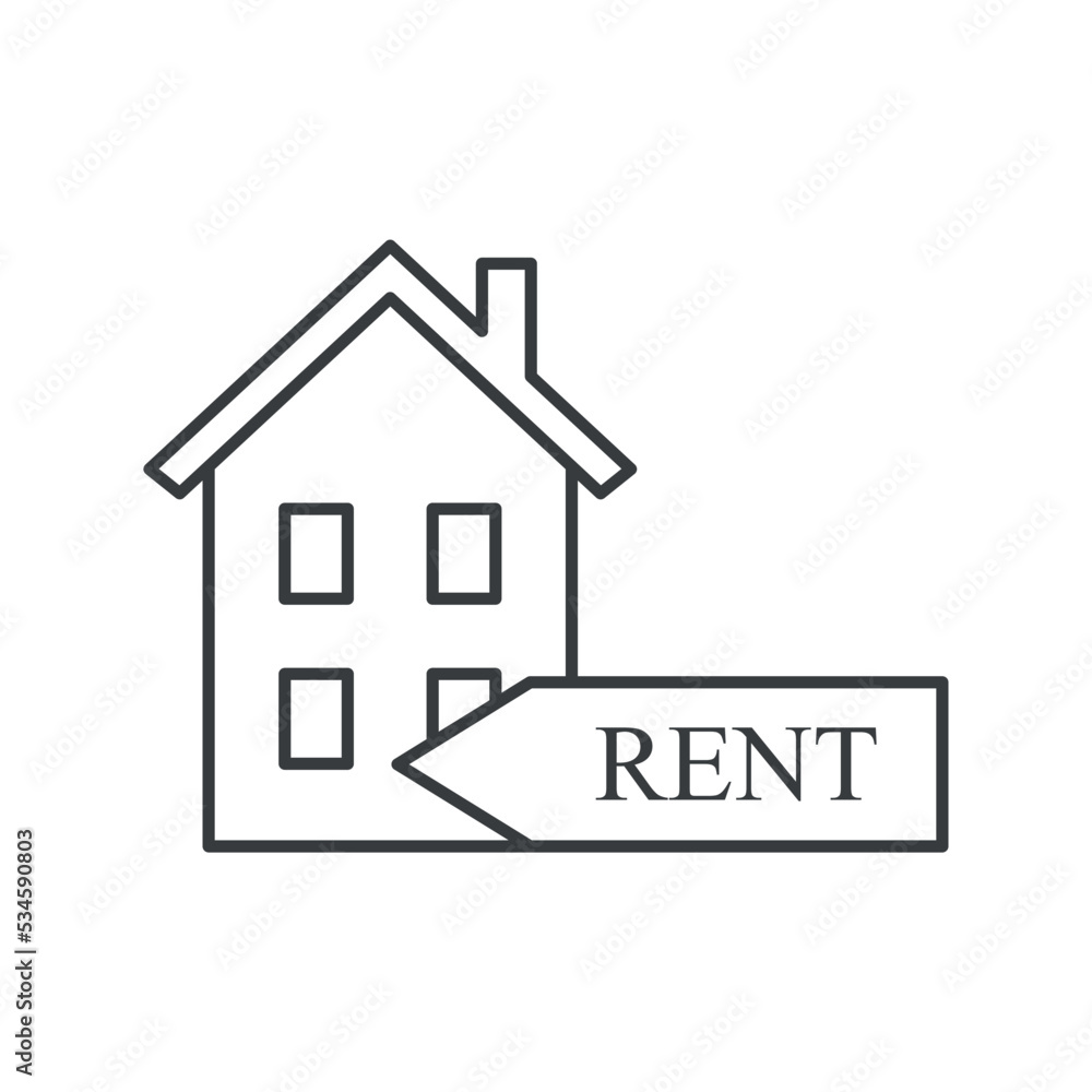 Private house rental icon. A simple line drawing of a two-story house with a rental sign. Isolated vector on white background.