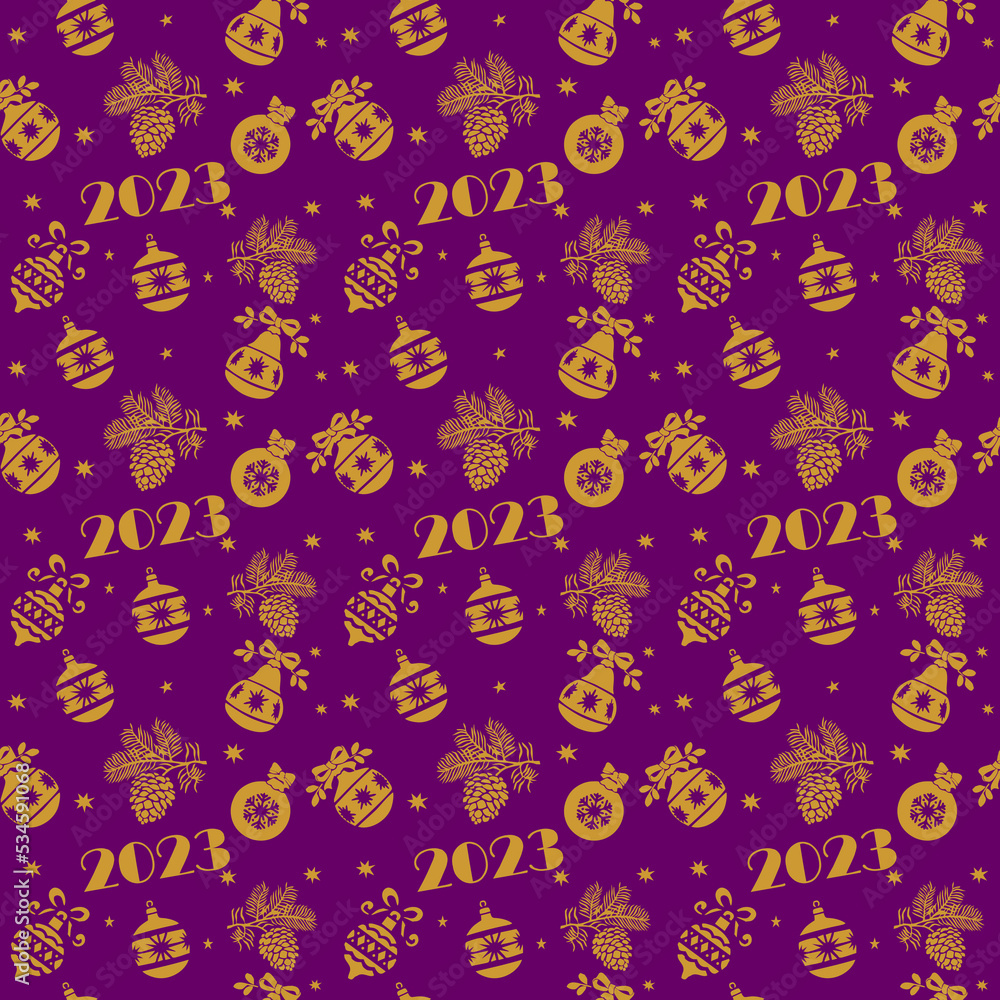 New Year's seamless pattern 2023. Golden toys and cones on a lilac background.