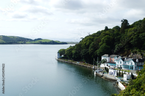 Beautiful Portmieiron village Wales. Dramatic landscape view of the small port with it's hotel.  Charming, historic Welsh resort.