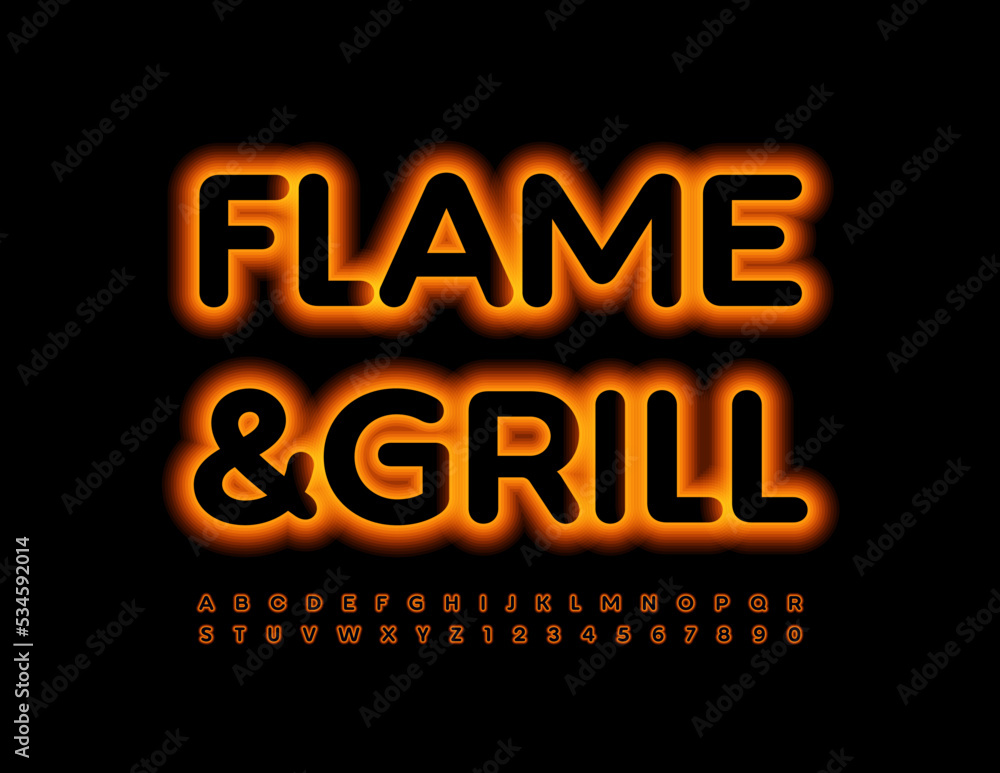 Vector glowing banner Flame and Grill. Bright Neon Font. Creative Alphabet Letters and Numbers set