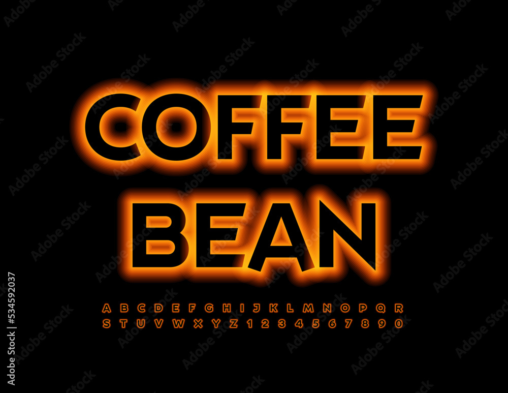 Obraz premium Vector neon sign Coffee Bean. Orange glowing Font. Modern Alphabet Letters and Numbers set