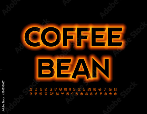 Vector neon sign Coffee Bean. Orange glowing Font. Modern Alphabet Letters and Numbers set