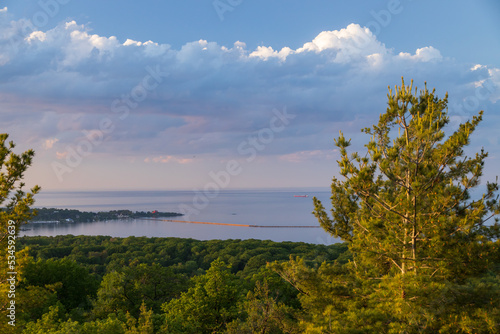 Colorful sunset and cloudscape over Marquette harbor, Michigan