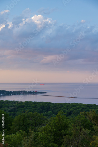 Colorful sunset and cloudscape over Marquette harbor, Michigan