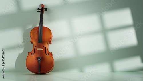 A 3d rendering of a musical instrument called a cello with window frame shadow and sunlight lit from the outside. 