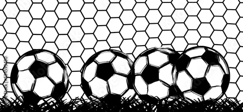 Cartoon soccer ball as stickman, stick figure man with football net. Vector supporters. For world wk, ek sport finale, sports game cup. Grass fietld. Mascot character stop the balls