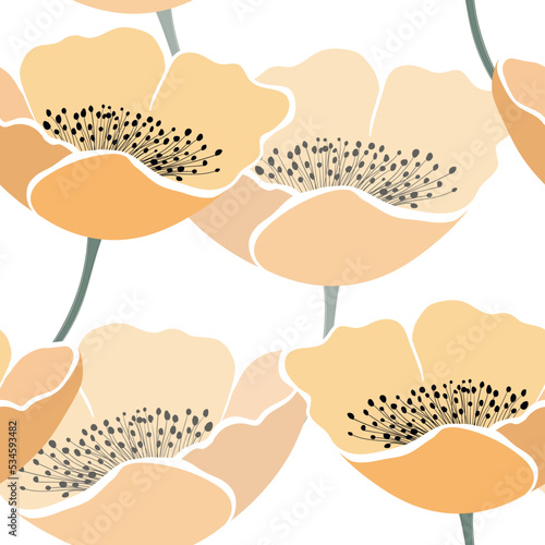 Seamless floral pattern with beige tulips. Cartoon style. Design for fabric, textile, paper. Spring colorful vector illustration, fowers with leaves. Holiday print for Birthday, 8 march