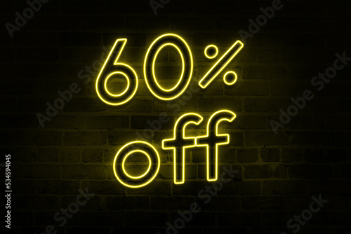 60% discount number percent neon glow light signs on a dark background Image