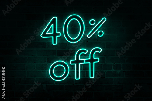 40% discount number percent neon glow light signs on a dark background Image