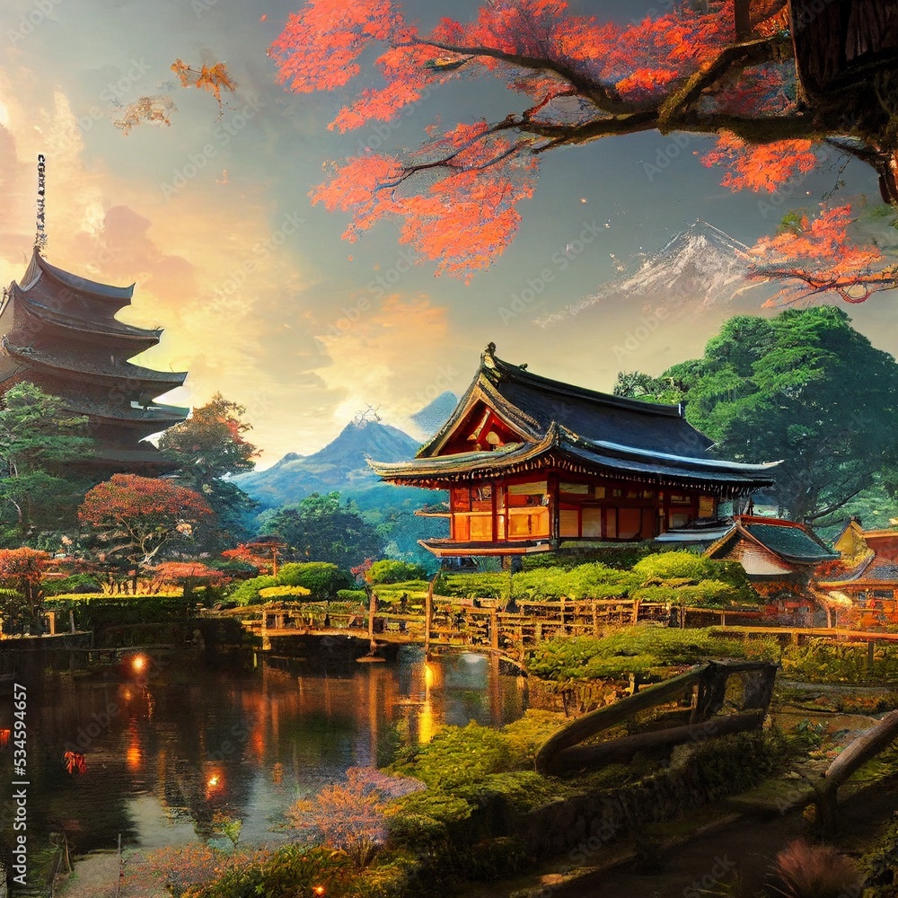 Naklejka premium Ein liebevoll gezeichnetes Japanisches Dorf im Hinterland,CG Kunst,Wallpaper