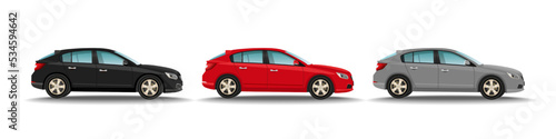 Set of three different colors cars on white background. Hatchback vehicles side view  black  red  grey. Family transport concept. Vector illustration.