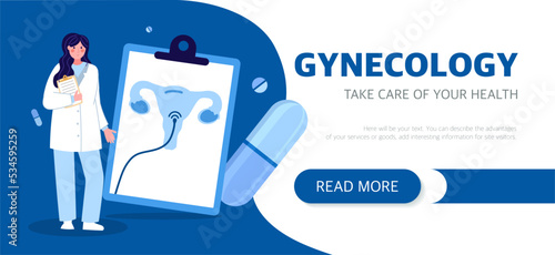 Landing page of the gynecologist website. The concept of medicine and health. Vector illustration in a flat style on a blue background