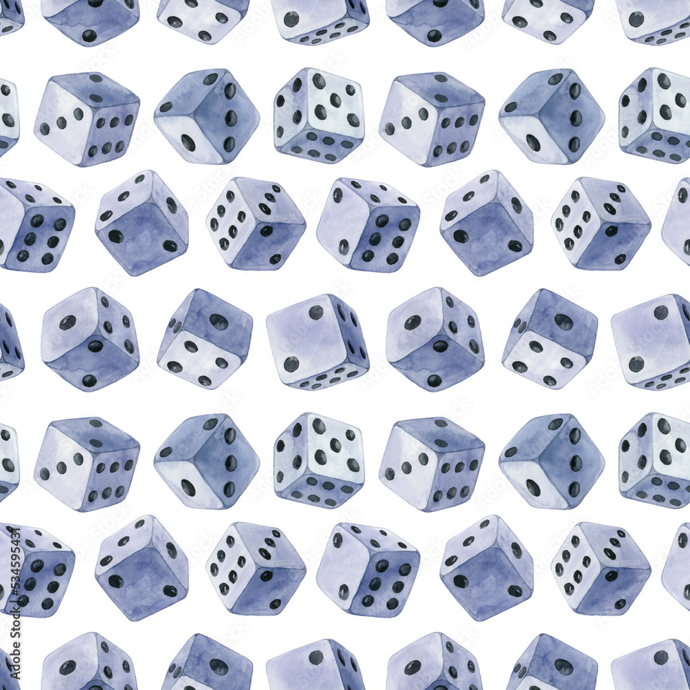 Dices seamless pattern. Repetitive watercolor illustration of blue dices. Dices seamless pattern. Repetitive watercolor illustration of blue dices.