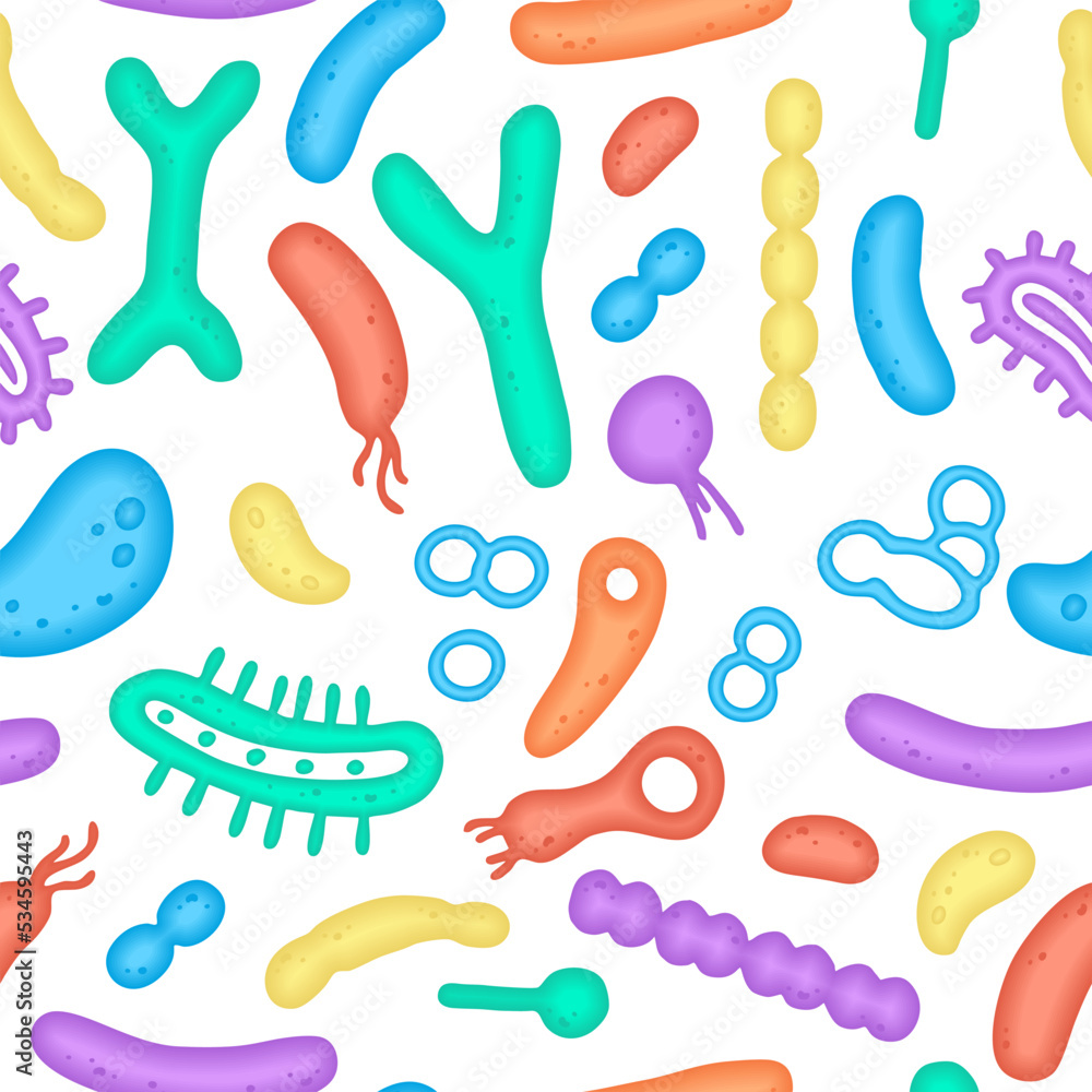 The human microbiome is a seamless pattern. Vector image. Bifidobacteria, lactobacilli. Lactic acid bacteria. Illustration in a flat style. The human microbiome is a seamless pattern. Vector image. Bifidobacteria, lactobacilli. Lactic acid bacteria. Illustration in a flat style.
