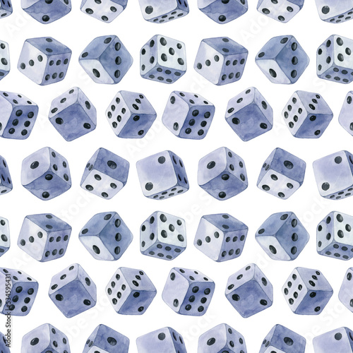 Dices seamless pattern. Repetitive watercolor illustration of blue dices.