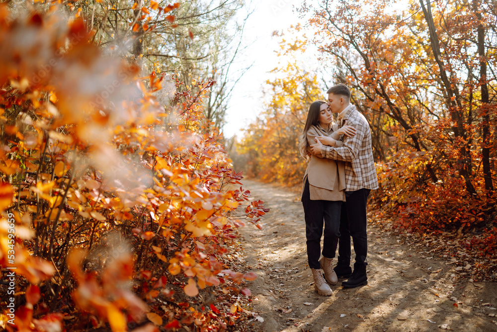 Happy couple in love newlyweds in casual clothes travel together, hike and walk in the autumn forest in nature. Happy couple in love newlyweds in casual clothes travel together, hike and walk in the autumn forest in nature.