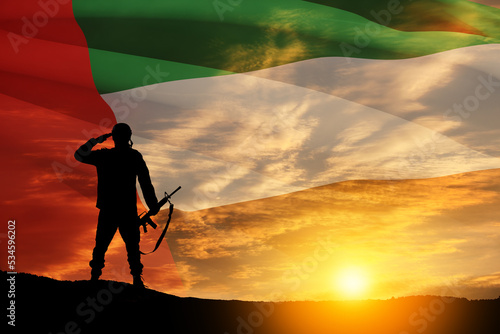 Silhouette of soldier saluting on background of UAE flag and the sunset or the sunrise. Commemoration Day. © hamara