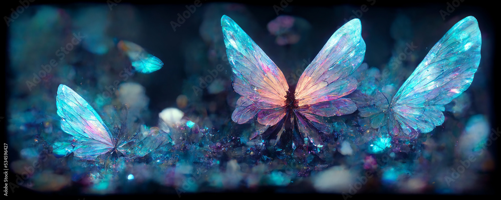 large stunningly beautiful fairy wings Fantasy crystal glass glitter butterfly sits on a light blue stone. The insect casts a shadow on nature.The insect has many geometric angles.3d render - obrazy, fototapety, plakaty 