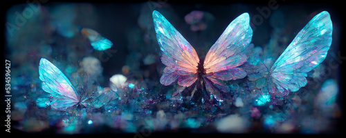 large stunningly beautiful fairy wings Fantasy crystal glass glitter butterfly sits on a light blue stone. The insect casts a shadow on nature.The insect has many geometric angles.3d render © Nokhoog