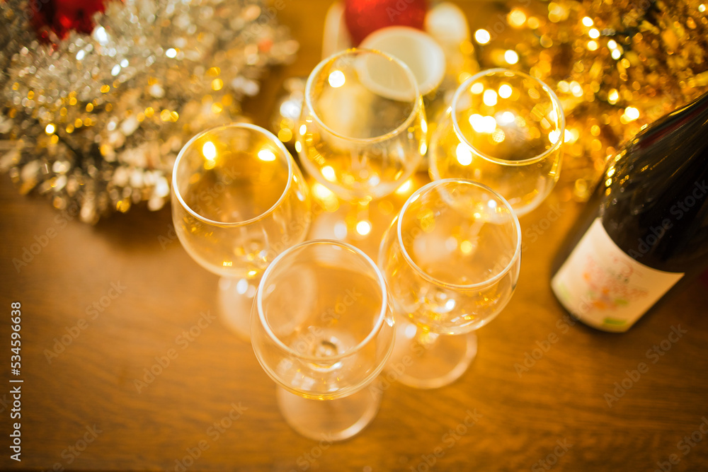 champagne glasses on christmas background