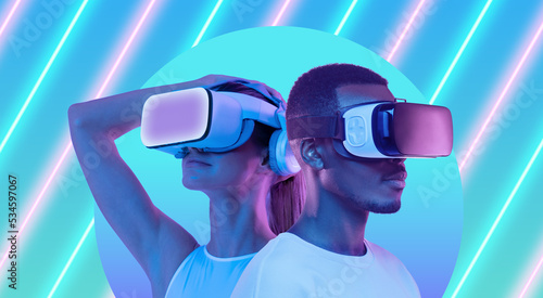 Metaverse people, banner young man and woman in VR headsets exploring virtual reality game world © Damir Khabirov