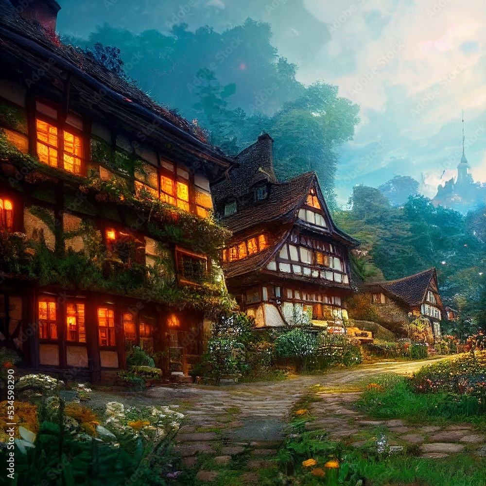 Obraz premium liebevoll gezeichnetes deutsches Dorf in warmen Farben,CG Kunst,Wallpaper