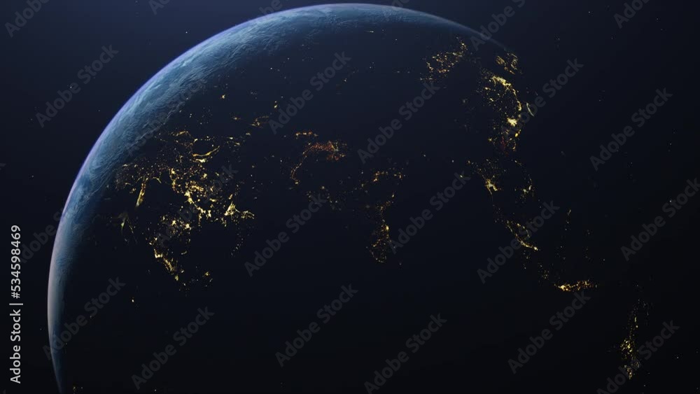 Slowly approaching to planet earth from space. Day to night, No sun in ...