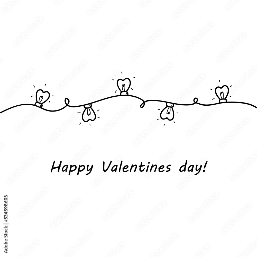 Valentines day greeting card with heart lights in black and white. Cute vector illustration template banner background in doodle style. Valentines day greeting card with heart lights in black and white. Cute vector illustration template banner background in doodle style.
