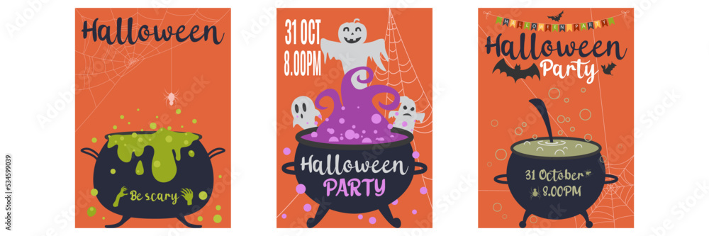 Set of Halloween Concepts. Vector Illustration. Spider Web, Witch Cauldron, bat and ghost, Night Party. Trick or Treat. Party invitation design and poster designs with halloween symbols Set of Halloween Concepts. Vector Illustration. Spider Web, Witch Cauldron, bat and ghost, Night Party. Trick or Treat. Party invitation design and poster designs with halloween symbols