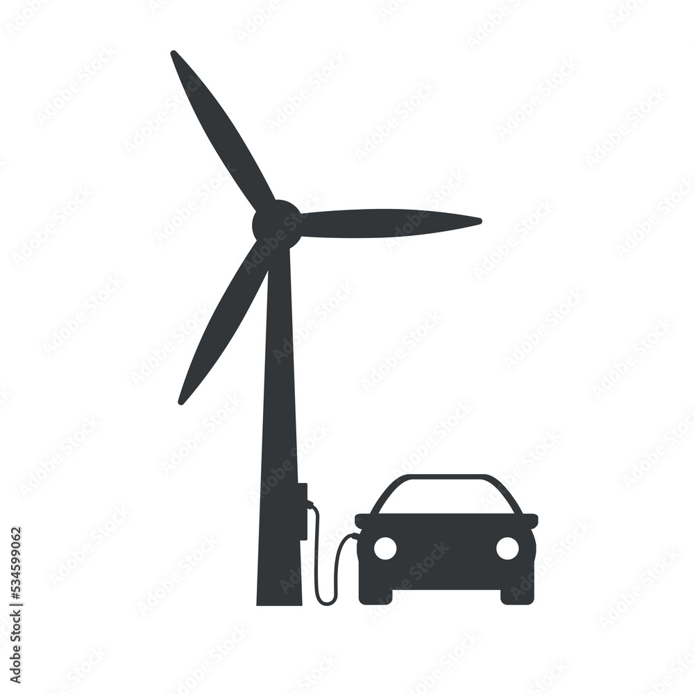 The car is connected to a wind turbine. Wind power plant. Charging an electric car from a wind