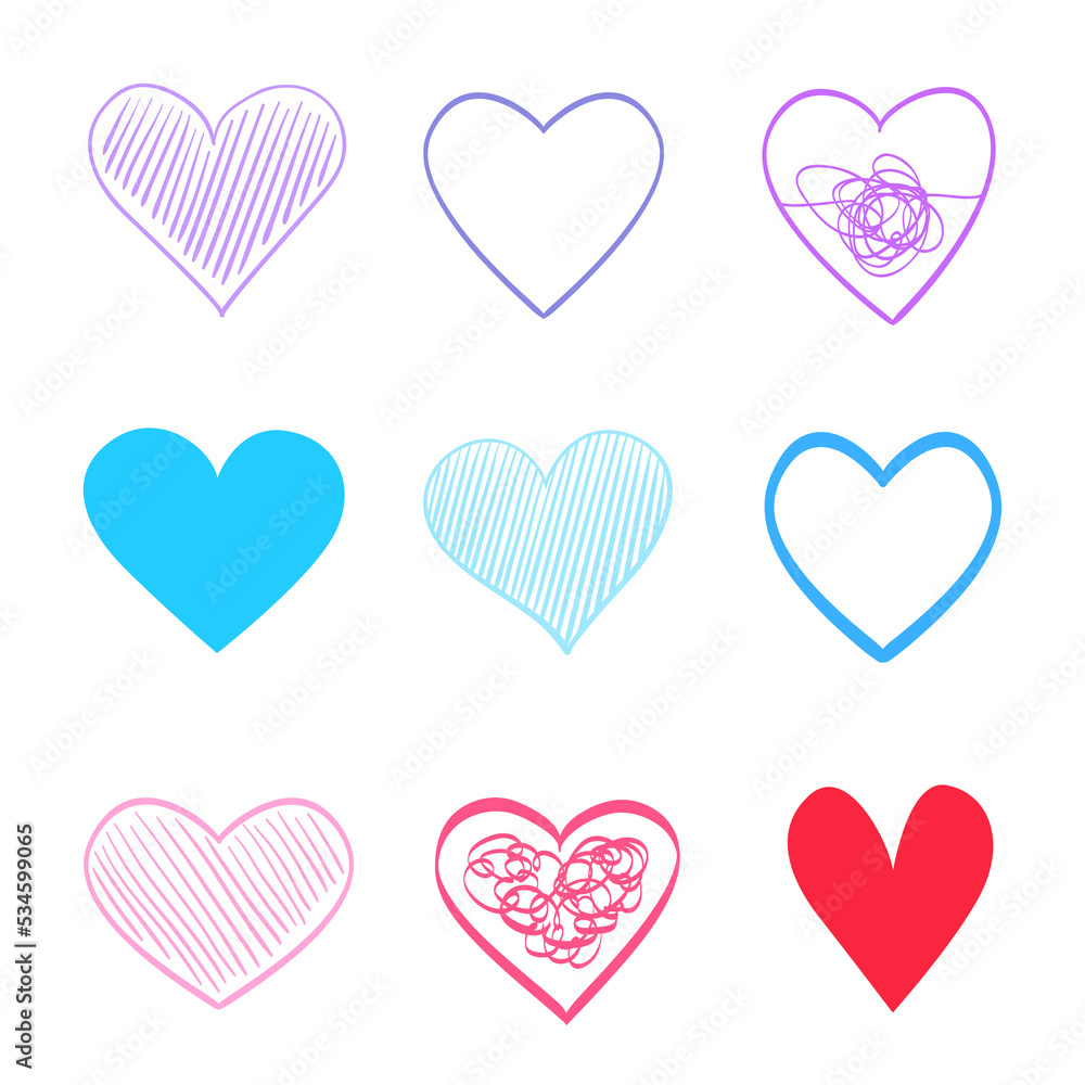 Multicolored trendy hearts on isolated white background. Hand drawn set of love signs. Unique abstract signs for design. Line art creation. Colored illustration. Elements for poster or flyer