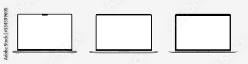 Laptop mock up set. Modern laptop mockup front view. Realistic laptop. Laptop frame. Mockup generic device. Isolated dark grey computer with empty screens on white background