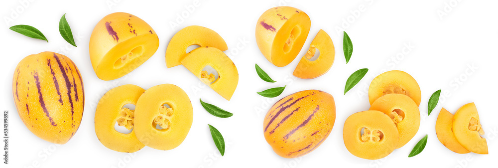 Fresh Pepino fruit with leaves isolated on white background. Top view, flat lay Fresh Pepino fruit with leaves isolated on white background. Top view, flat lay