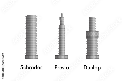 Bike tire valve types. Schrader, Presta and Dunlop. photo