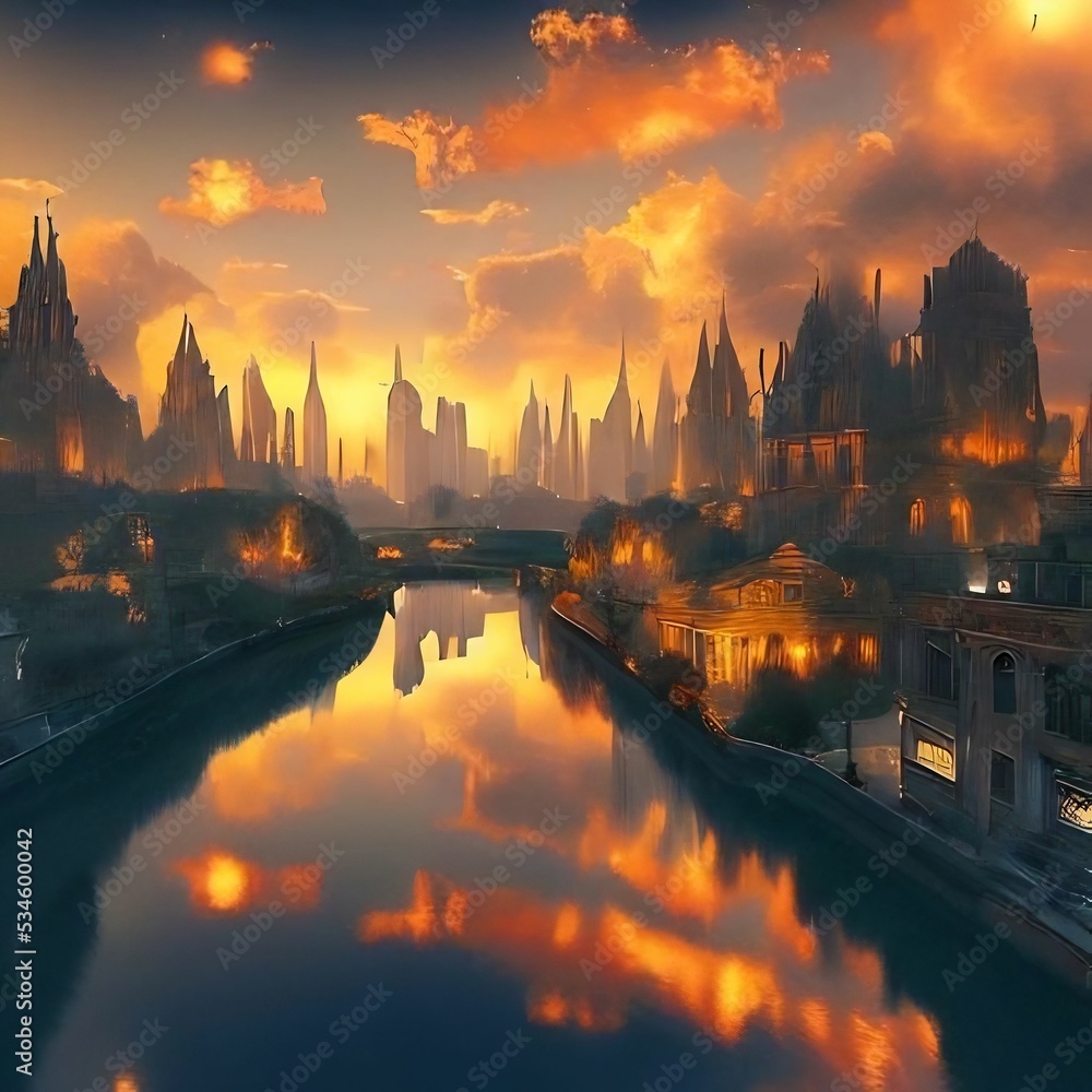 Futuristic city 3d illustration, vivid colors, perfect sky