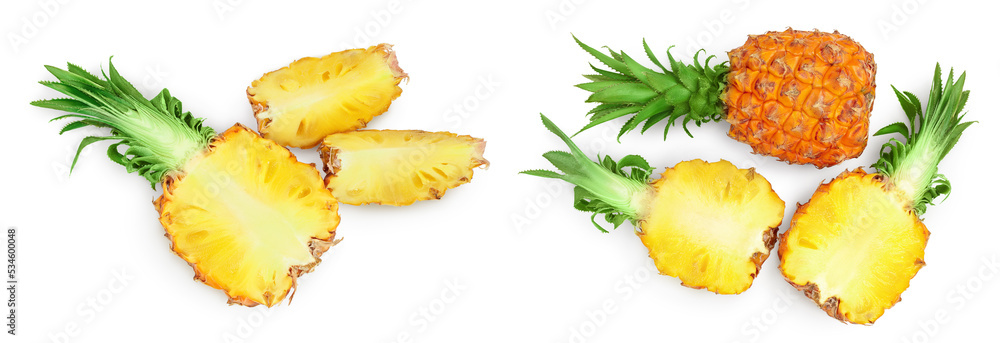 pineapple half with slices isolated on white background with full depth of field. Top view. Flat lay pineapple half with slices isolated on white background with full depth of field. Top view. Flat lay