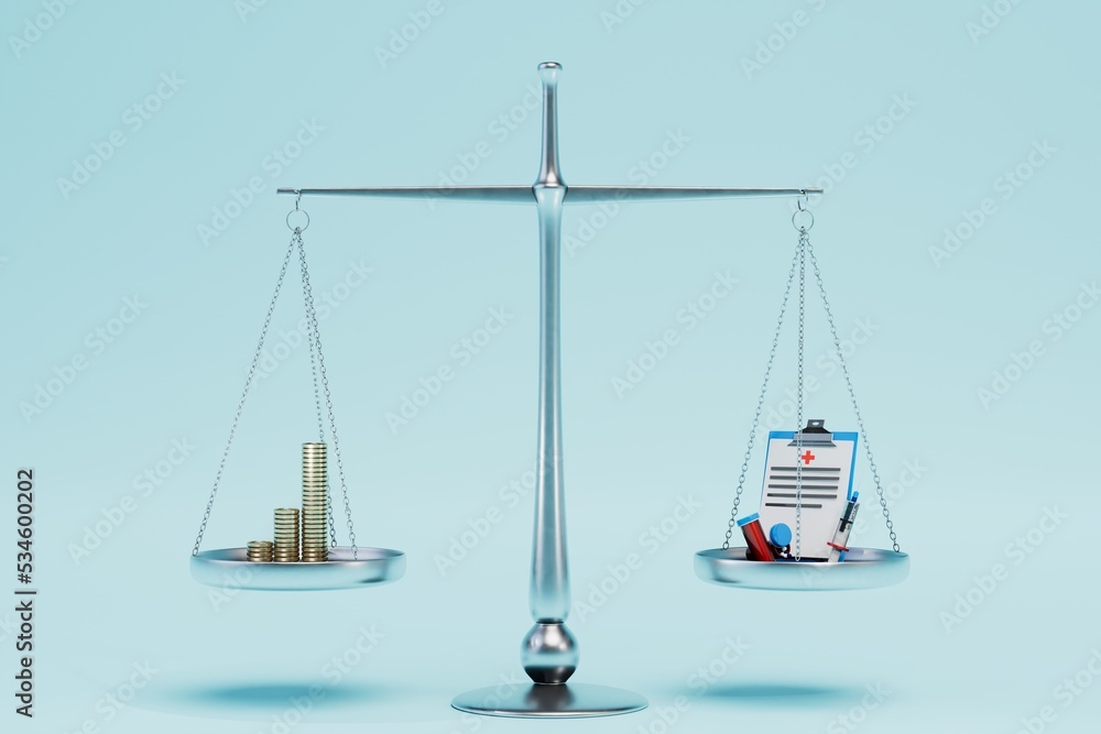 a choice between money and treatment. on the scales of dollar coins and dist appointments with analyzes. 3D render a choice between money and treatment. on the scales of dollar coins and dist appointments with analyzes. 3D render