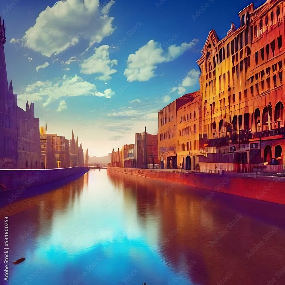 Futuristic city 3d illustration, vivid colors, perfect sky