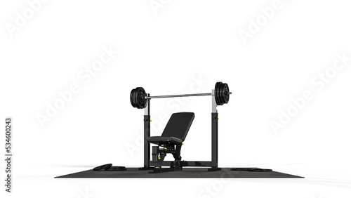 Gym bench, barbell, black floor and gym adjustable bench isolated on white background. Free space for workout.