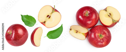Red apple with half isolated on white background . Top view. Flat lay.