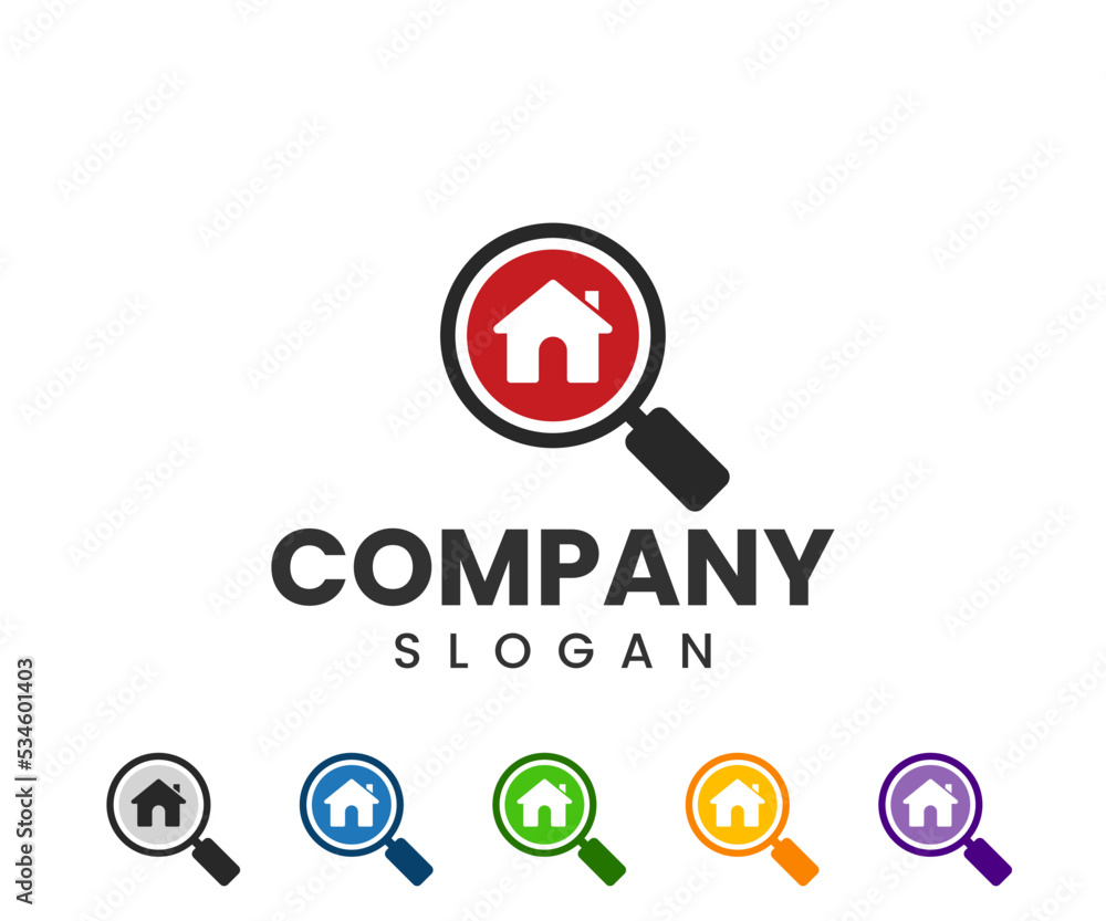 Obraz premium Find House Logo. Search Property Logo Icon with Magnifying Glass Symbol,