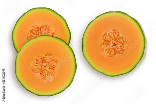 Cantaloupe melon isolated on white background with full depth of field. Top view. Flat lay