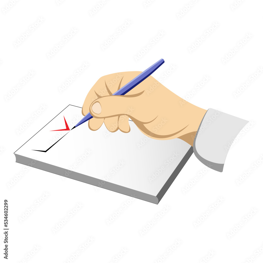 A hand with a pencil makes notes on a piece of paper. Logo, icon. Color vector illustration. A hand with a pencil makes notes on a piece of paper. Logo, icon. Color vector illustration.