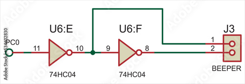 Vector electrical circuit with resistor, capacitor, logic element (inverter).  Electrical schematic diagram.
Electrical diagram for laboratory work on electronics or radio engineering.