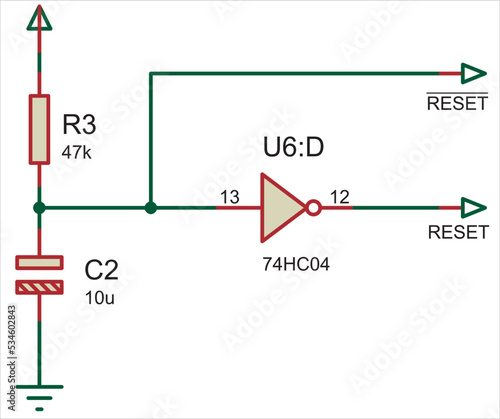 Vector electrical circuit with resistor, capacitor, logic element (inverter).  Electrical schematic diagram. Electrical diagram for laboratory work on electronics or radio engineering.