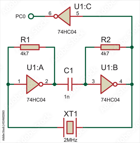 Vector electrical circuit with resistor, capacitor, logic element (inverter).  Electrical schematic diagram.