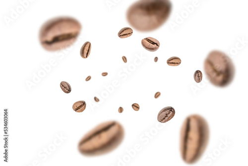 Coffee falling bean background. Black espresso coffee bean flying on white. Aromatic grain fall isolated. Represent breakfast for energy and freshness concept.