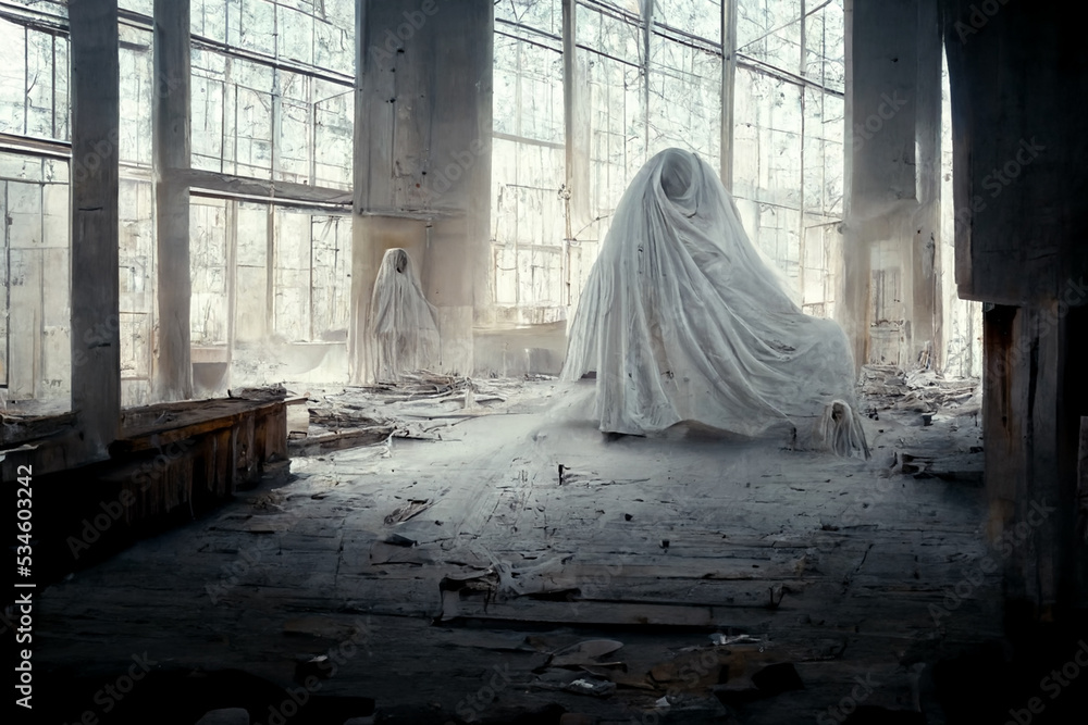 3d illustration of a ghost in an abandoned building.