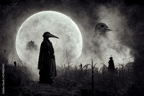 Black and white illustration of a scary plague doctor at full moon. 