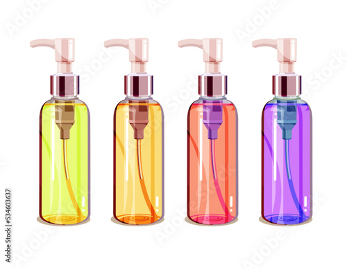 Set of colorful cosmetic glass bottles with doser isolated on white background. Flat cartoon vector illustration for poster, web design, banner, card, flyer, icon, logo or badge.